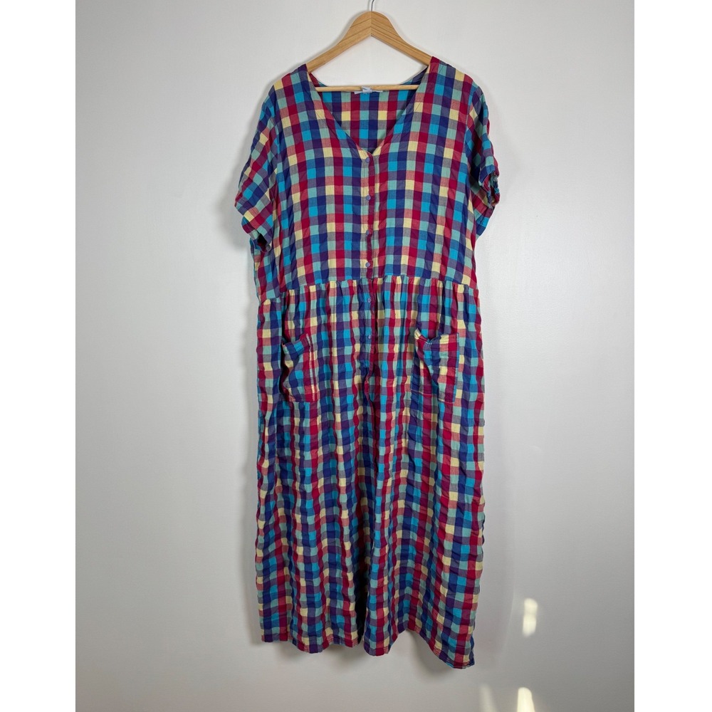 Cottagecore Only Necessities Womens 1X Maxi Dress Multi Color Gingham Cotton